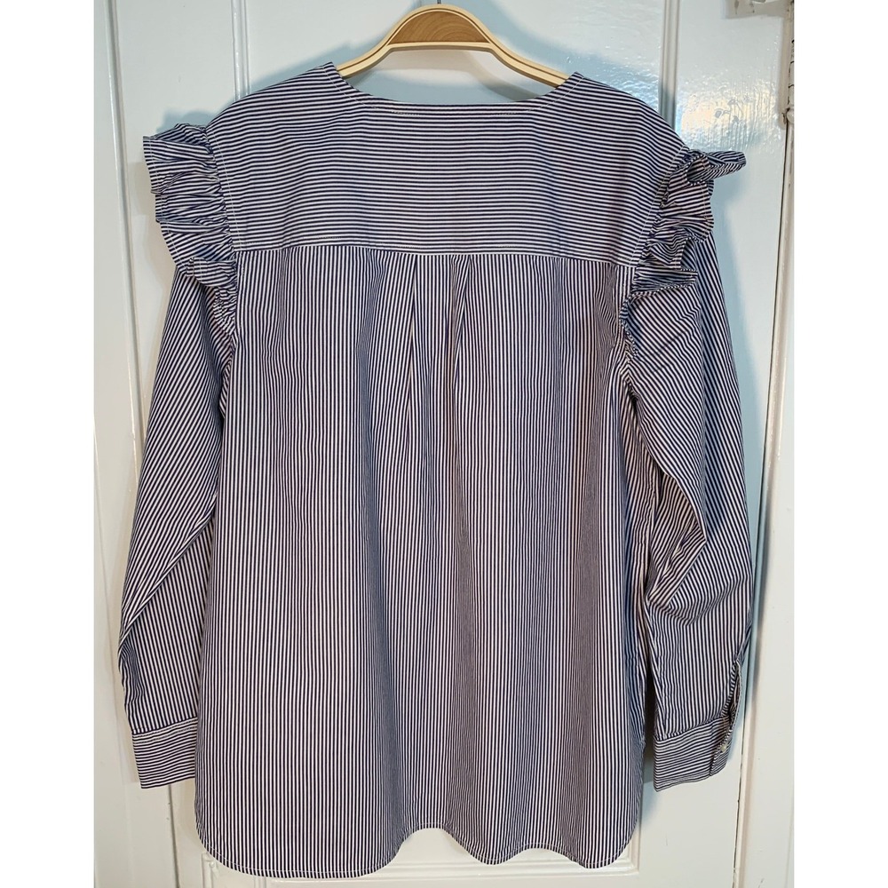 Free Assembly Blouse Blue White Striped Ruffle Shoulder Button 80s Preppy / SZ L - Picture 9 of 11